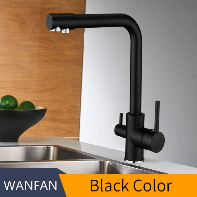 Filter Kitchen Faucet with 360° rotation and dual handles, showcasing brass construction and contemporary design.