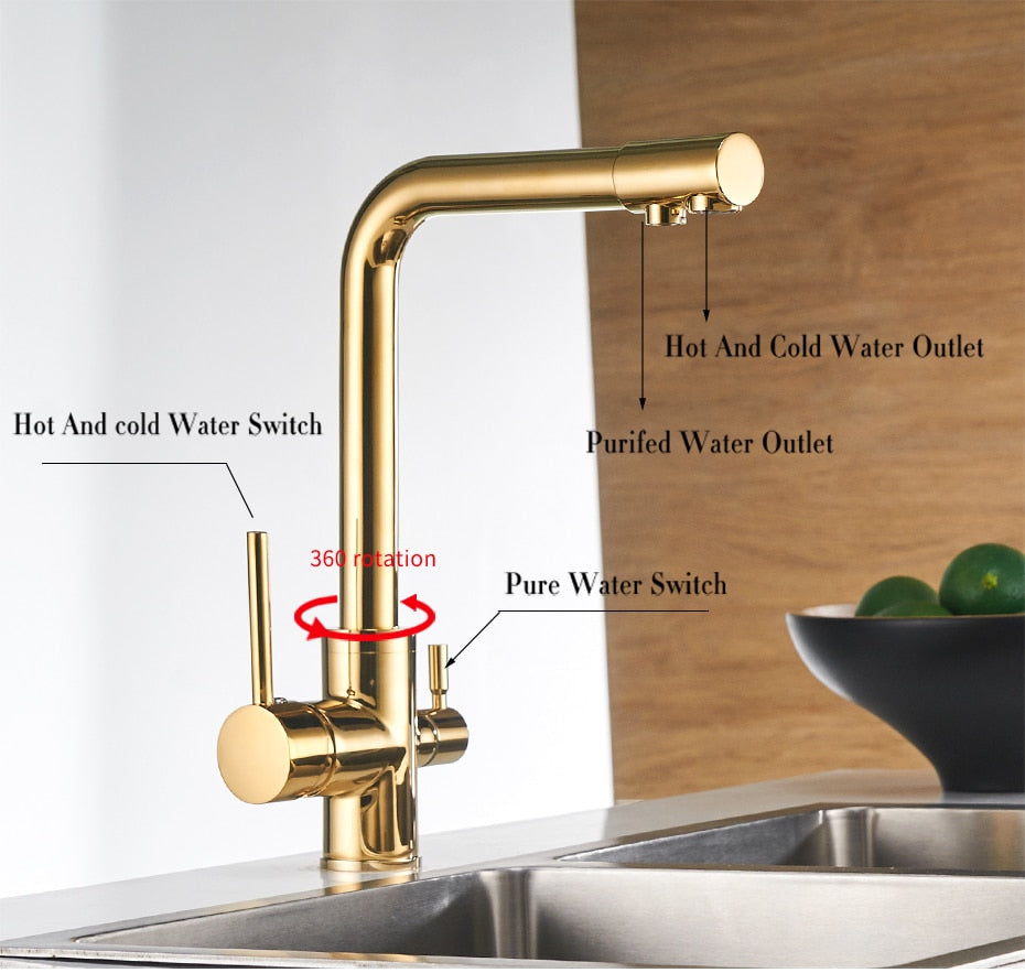 Filter Kitchen Faucet with 360° rotation and dual handles, showcasing brass construction and contemporary design.