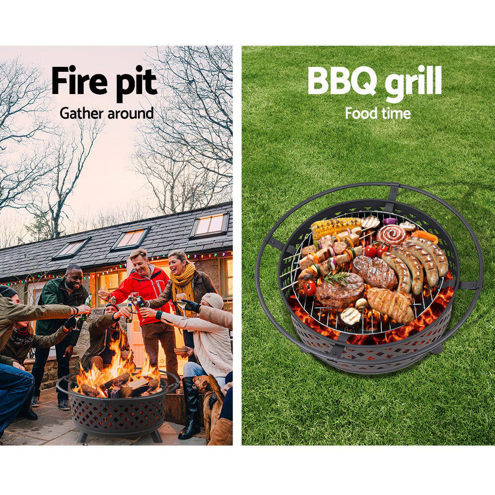 Grillz 2-in-1 Fire Pit BBQ Grill Smoker with robust steel construction and safety ring, perfect for outdoor gatherings.