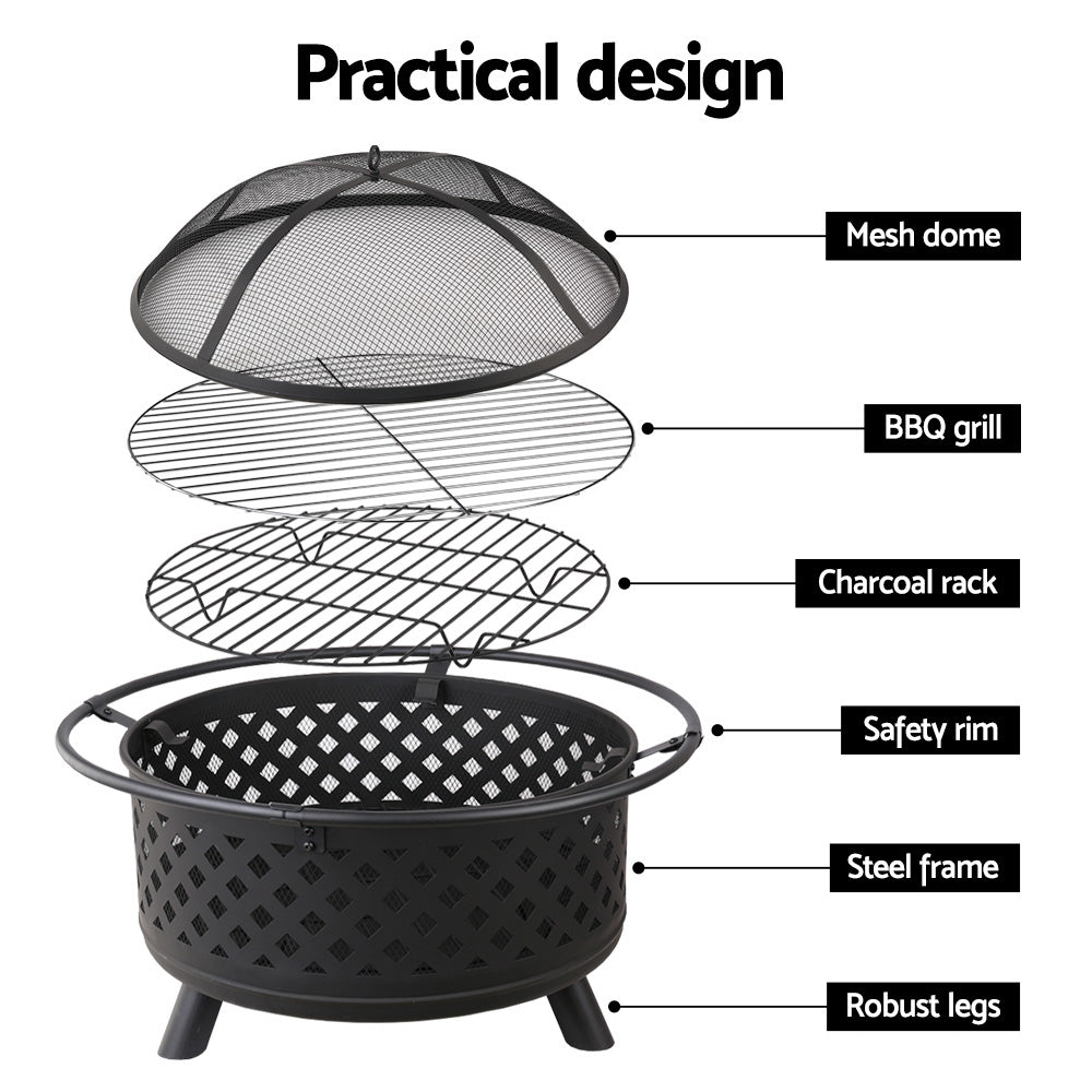 Grillz 2-in-1 Fire Pit BBQ Grill Smoker with robust steel construction and safety ring, perfect for outdoor gatherings.