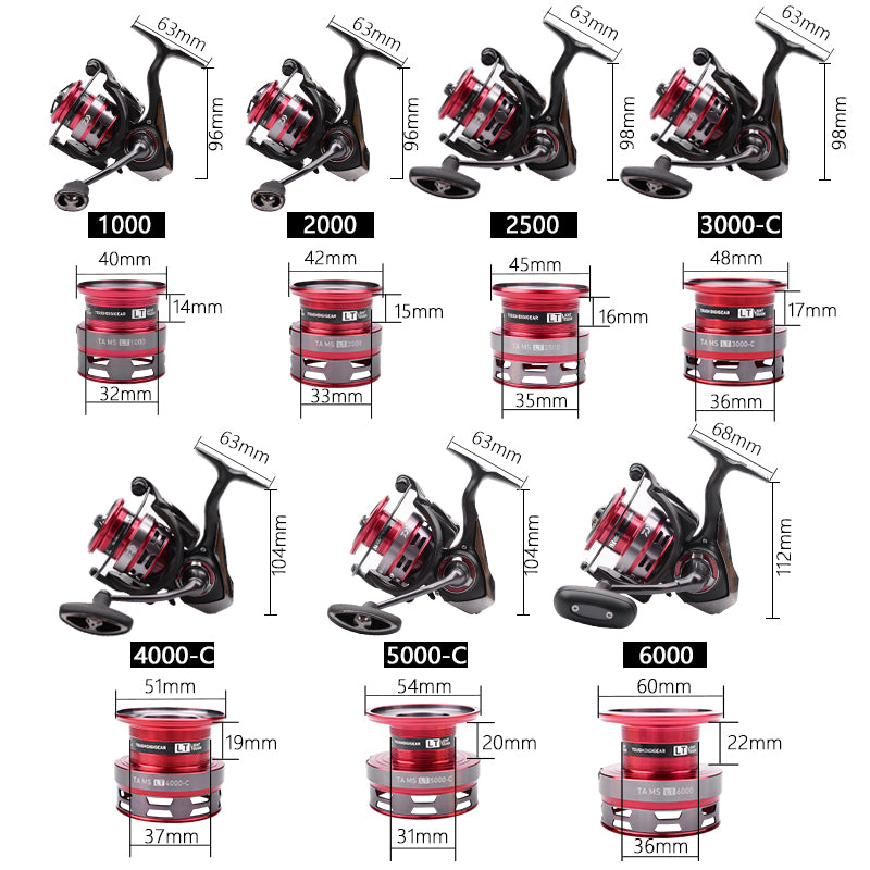 Fishing Spinning Reels in various sizes from 1000 to 6000, showcasing their sleek design and 6+1BB bearing system.