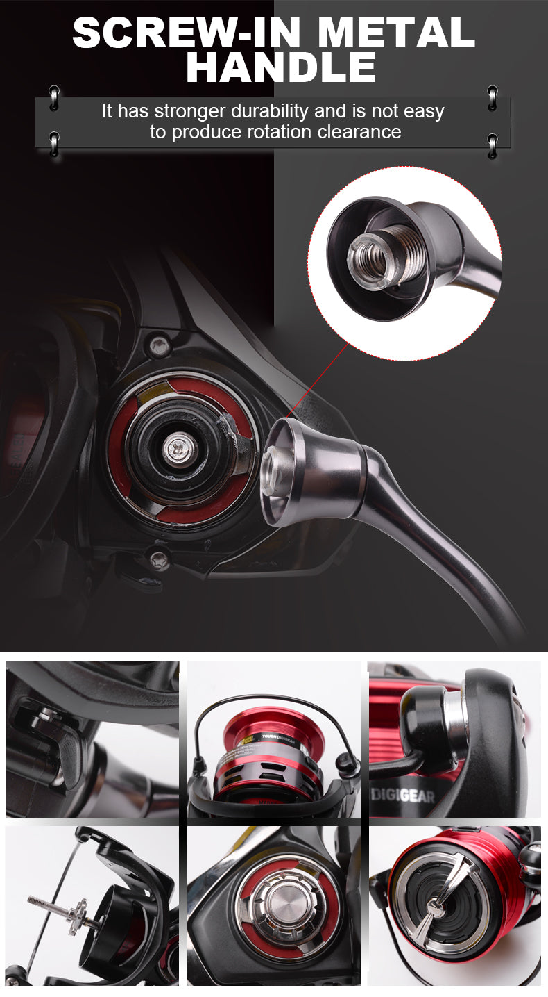 Fishing Spinning Reels in various sizes from 1000 to 6000, showcasing their sleek design and 6+1BB bearing system.