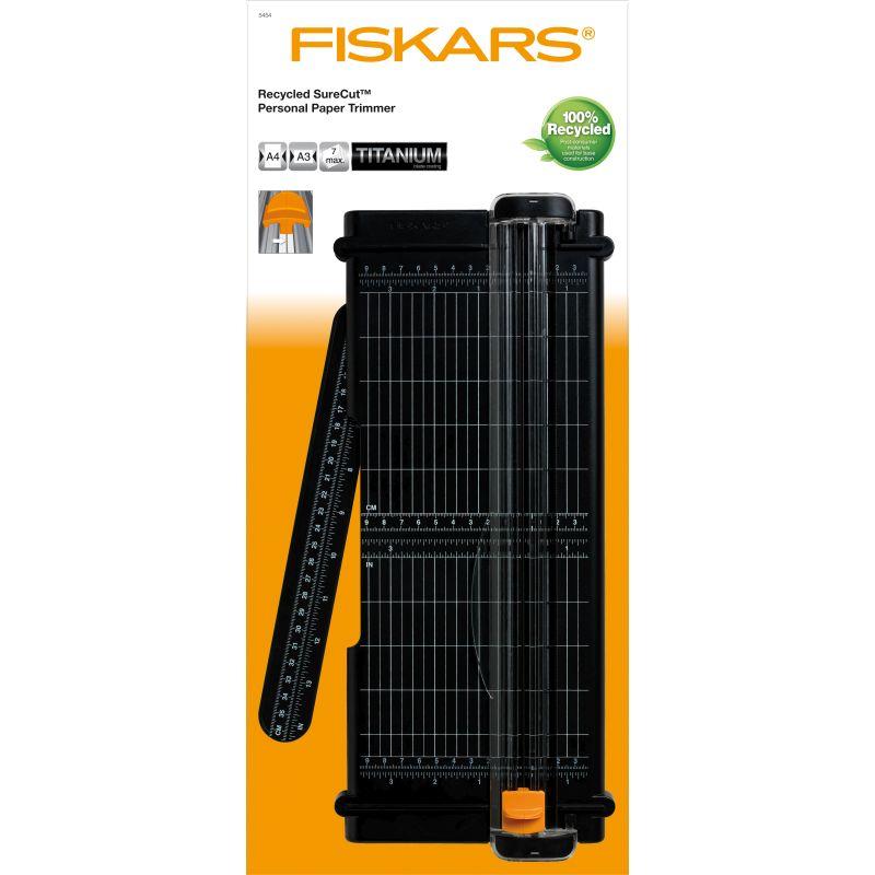 FISKARS A4 Rec Surecut Trimmer with precision cutting features and measurement guide.