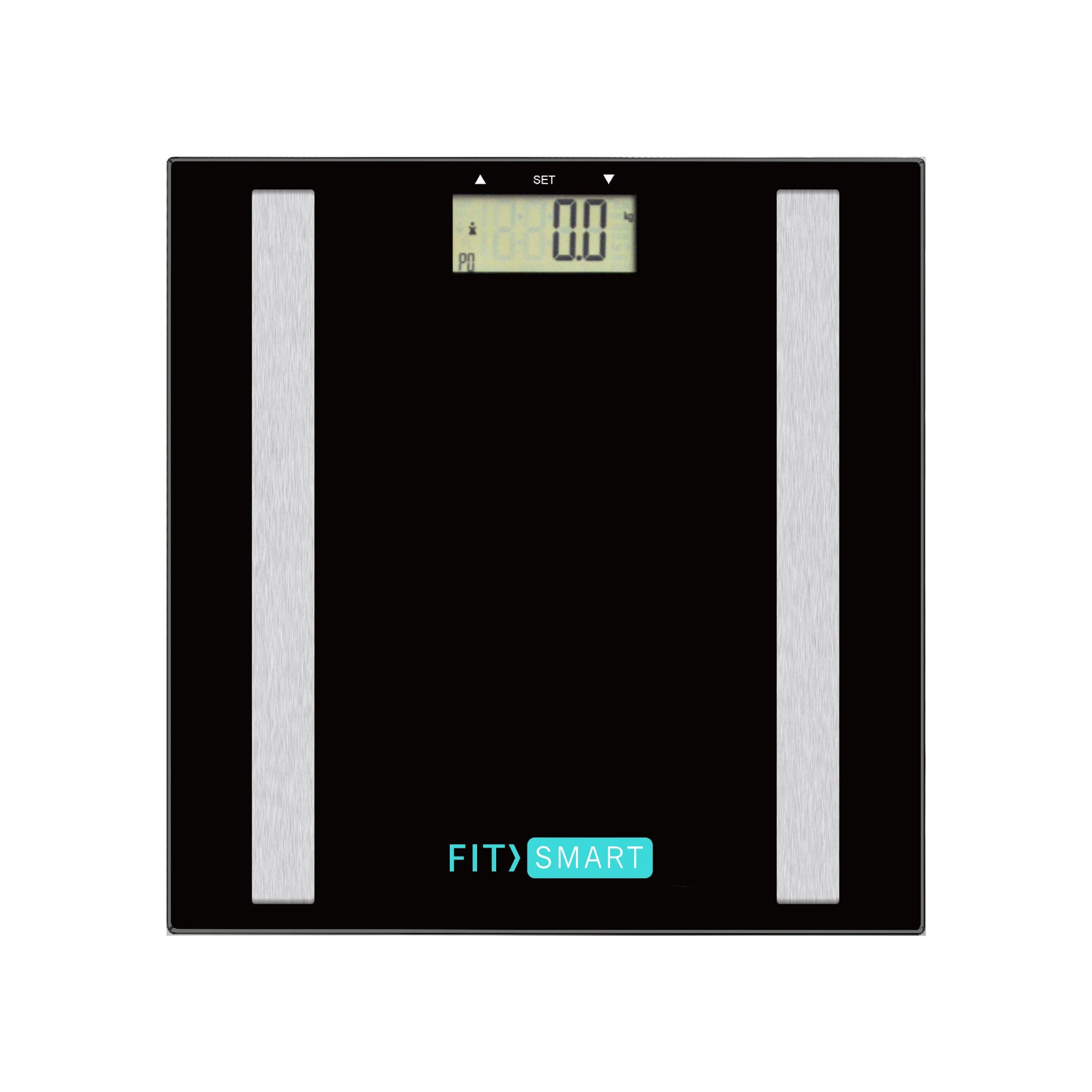 Fit Smart Electronic Body Fat Scale in black with LCD display and tempered glass platform, showcasing its sleek design and functionality.