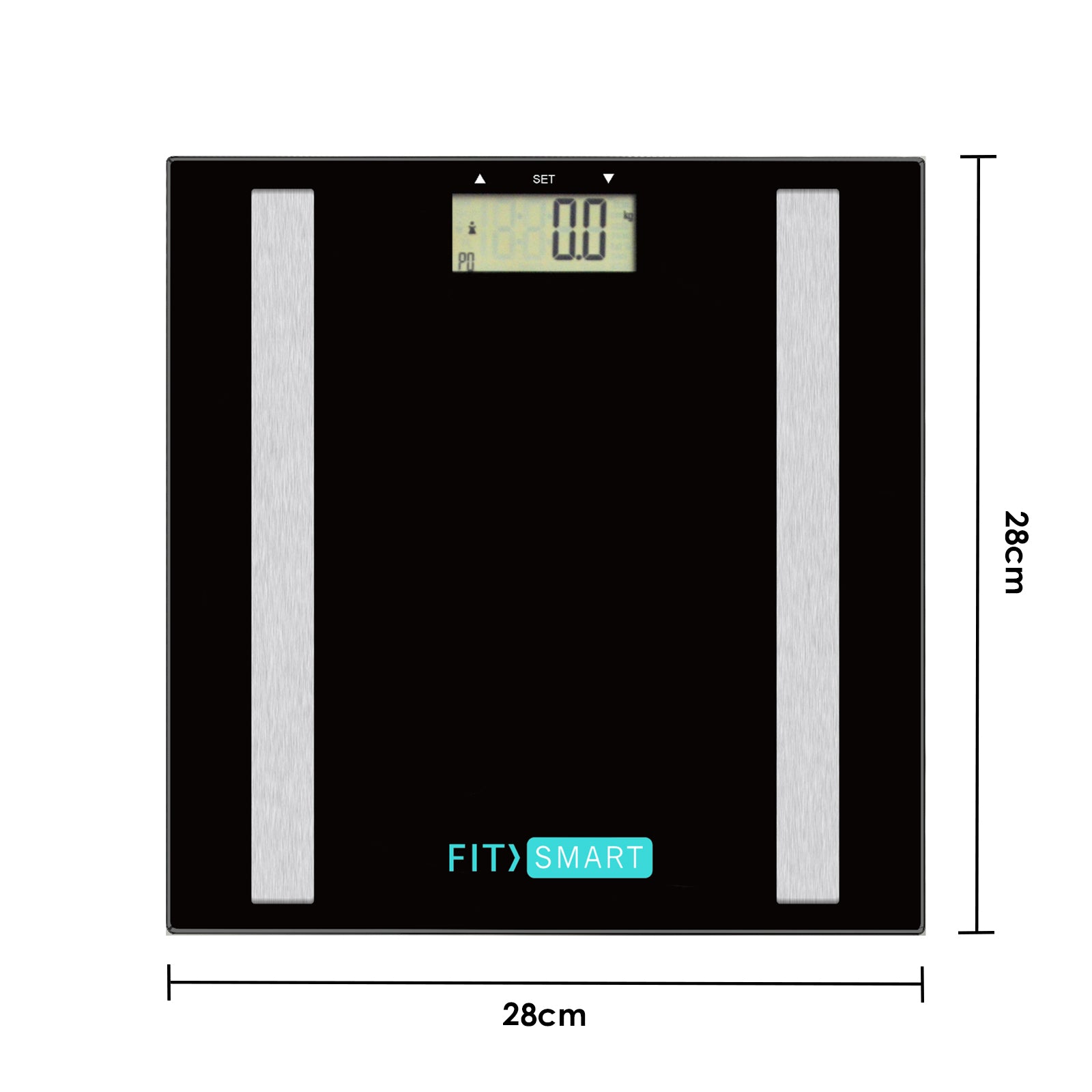 Fit Smart Electronic Body Fat Scale in black with LCD display and tempered glass platform, showcasing its sleek design and functionality.