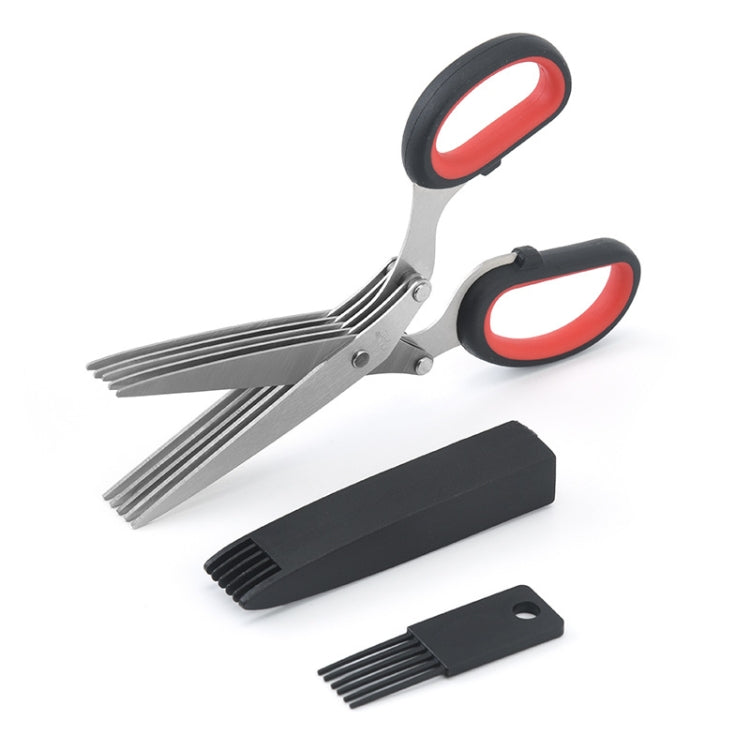 Five-layer vegetable scissors with stainless steel blades and ergonomic handle, ideal for cutting vegetables and paper.