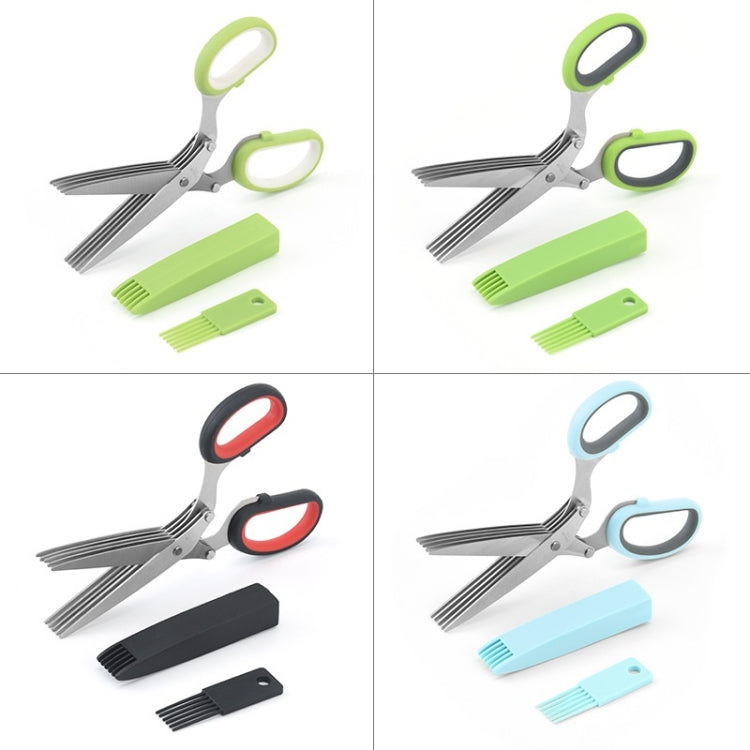 Five-layer vegetable scissors with stainless steel blades and ergonomic handle, ideal for cutting vegetables and paper.