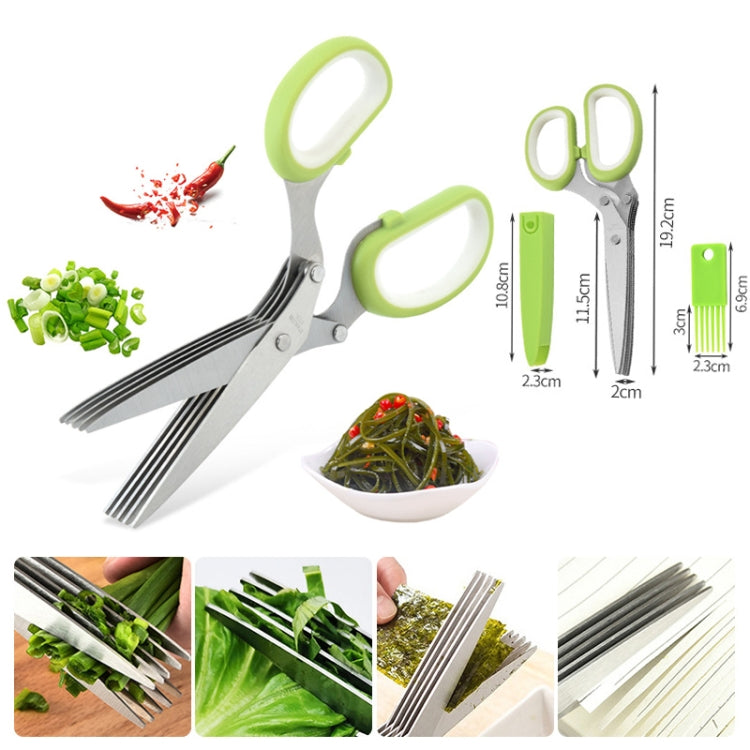 Five-layer vegetable scissors with stainless steel blades and ergonomic handle, ideal for cutting vegetables and paper.