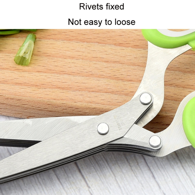 Five-layer vegetable scissors with stainless steel blades and ergonomic handle, ideal for cutting vegetables and paper.