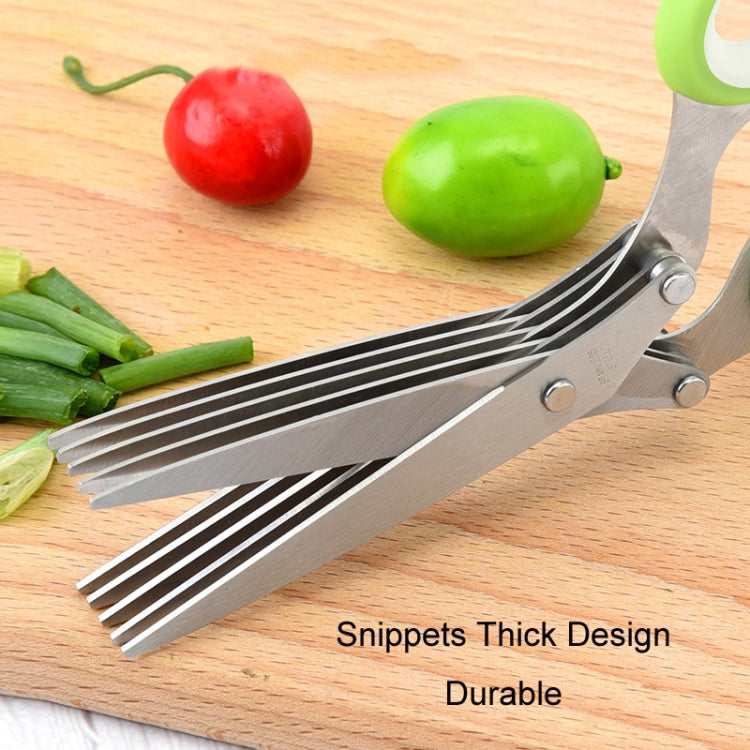 Five-layer vegetable scissors with stainless steel blades and ergonomic handle, ideal for cutting vegetables and paper.