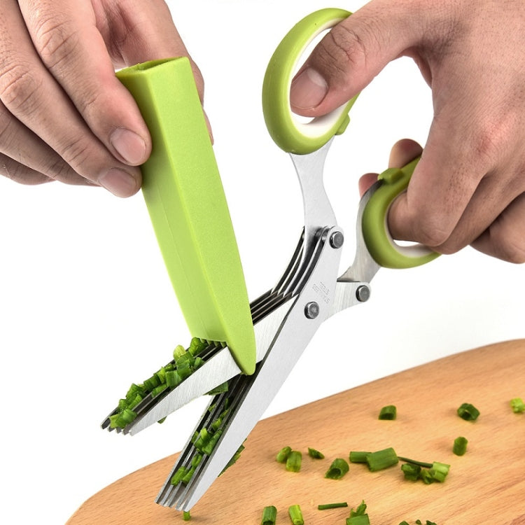 Five-layer vegetable scissors with stainless steel blades and ergonomic handle, ideal for cutting vegetables and paper.