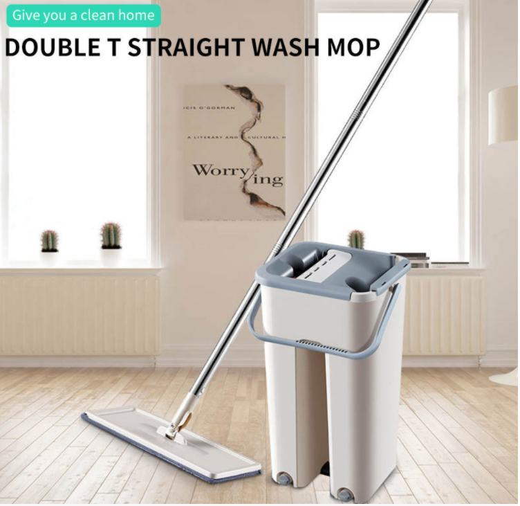 Flat Mop Bucket with 360-degree rotating head and self-wash feature, accompanied by four microfibre pads for effective cleaning.