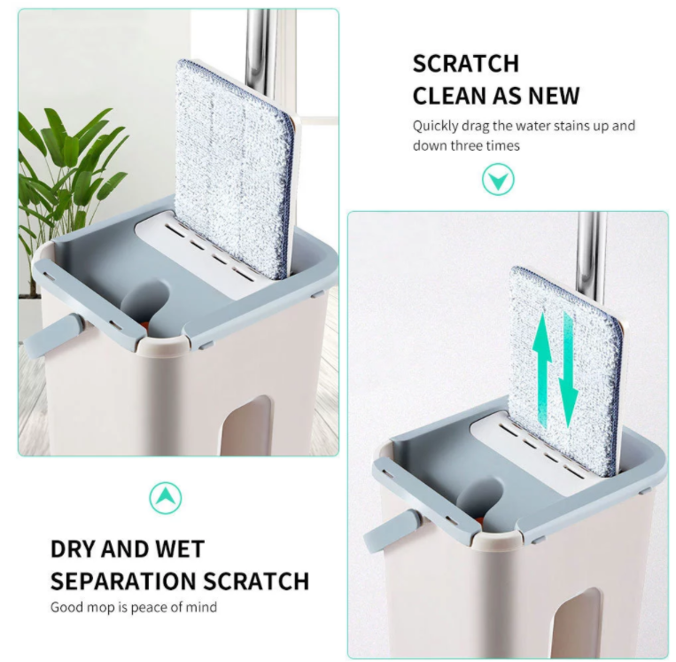 Flat Mop Bucket with 360-degree rotating head and self-wash feature, accompanied by four microfibre pads for effective cleaning.