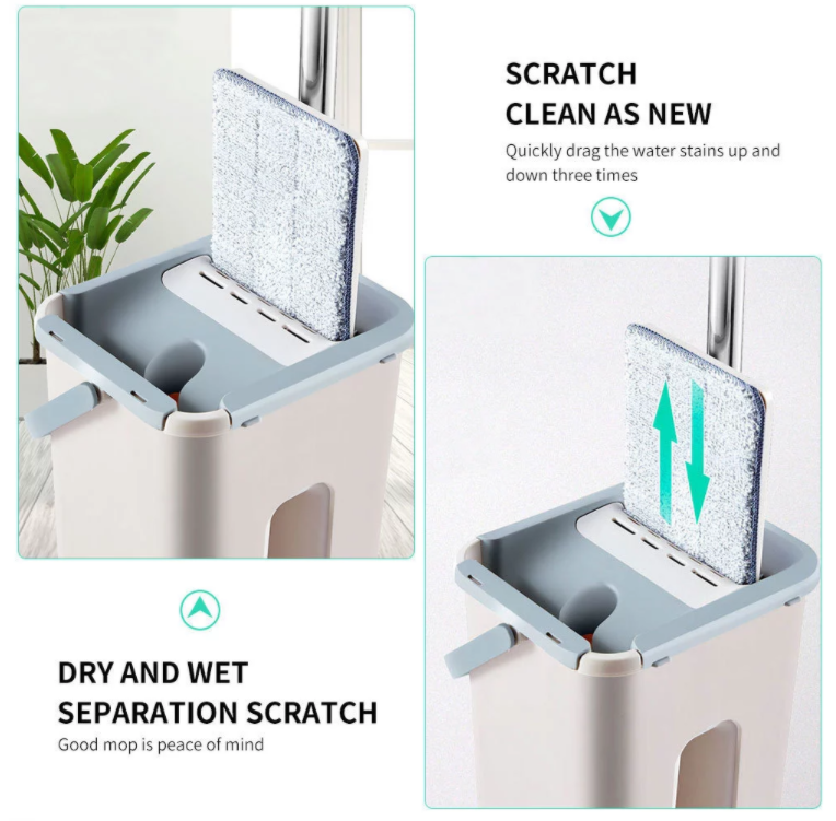 Flat Mop Bucket with 360-degree rotating head and self-wash feature, accompanied by four microfibre pads for effective cleaning.