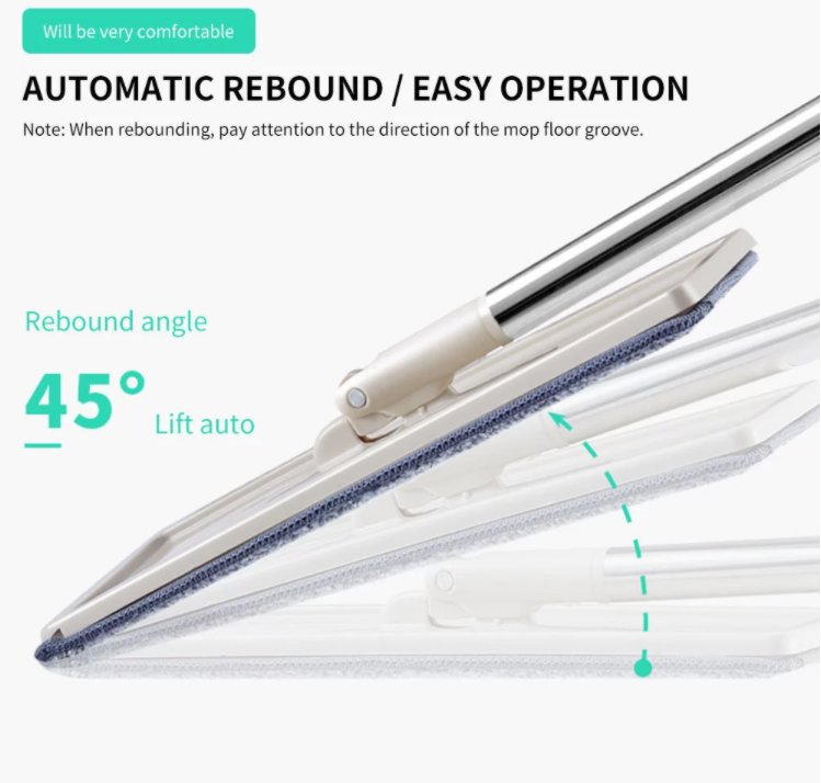 Flat Mop Bucket with 360-degree rotating head and self-wash feature, accompanied by four microfibre pads for effective cleaning.