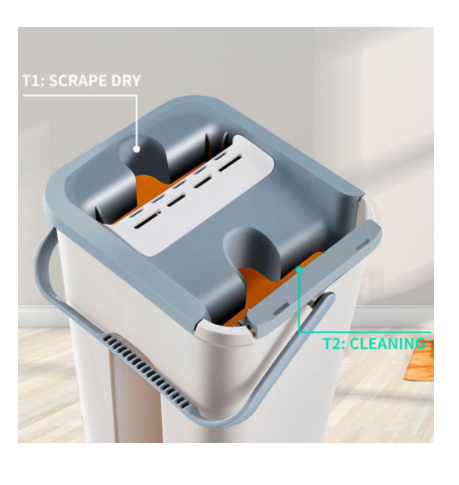 Flat Mop Bucket with 360-degree rotating head and self-wash feature, accompanied by four microfibre pads for effective cleaning.