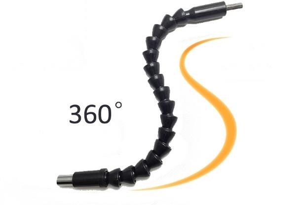 A black Flex Drill Adapter set, consisting of two pieces designed for easy drilling in tight spaces, showcasing its compatibility with various drill types.