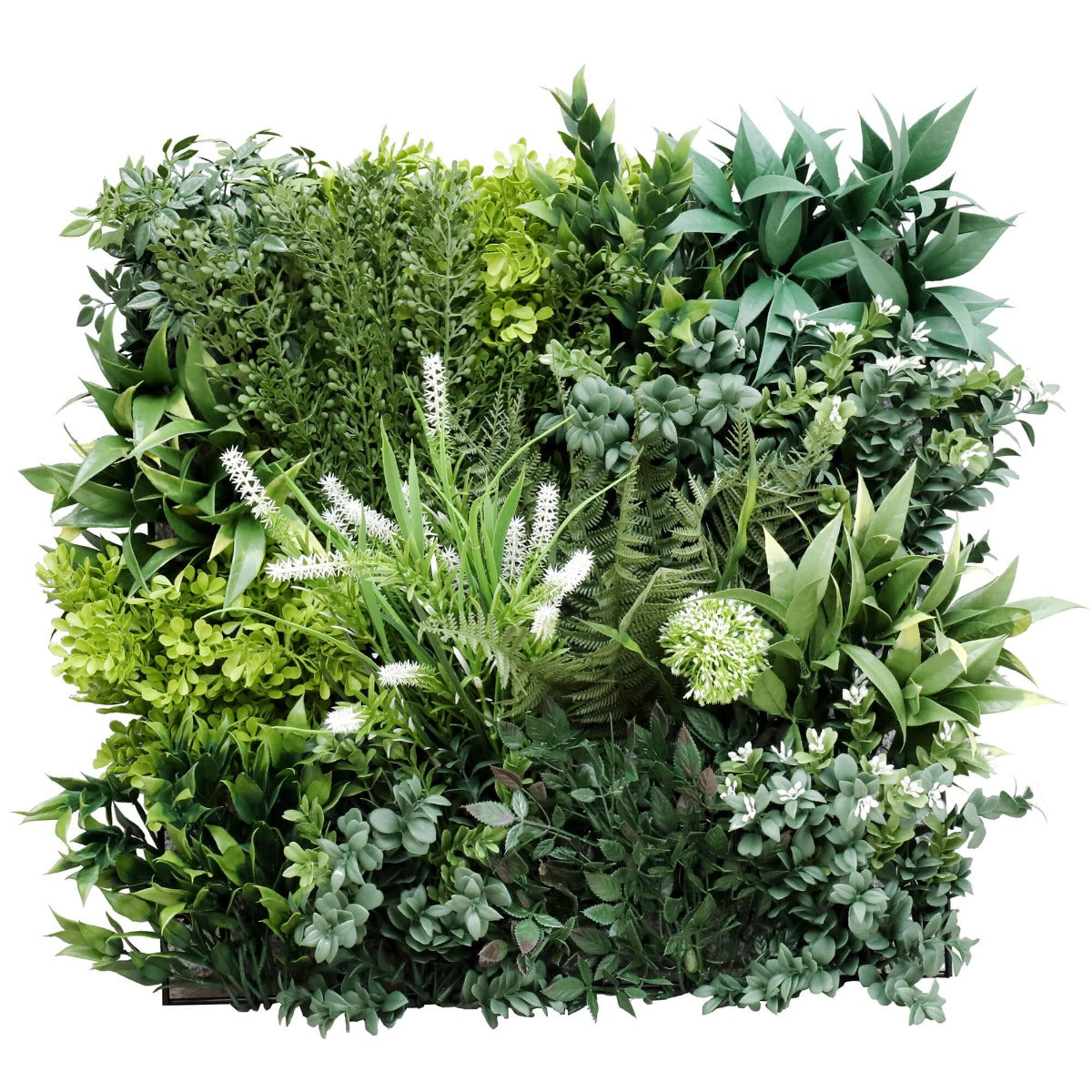 Flowering Bespoke Vertical Garden sample showcasing lush greenery and vibrant flowers, designed for UV resistance and easy installation.