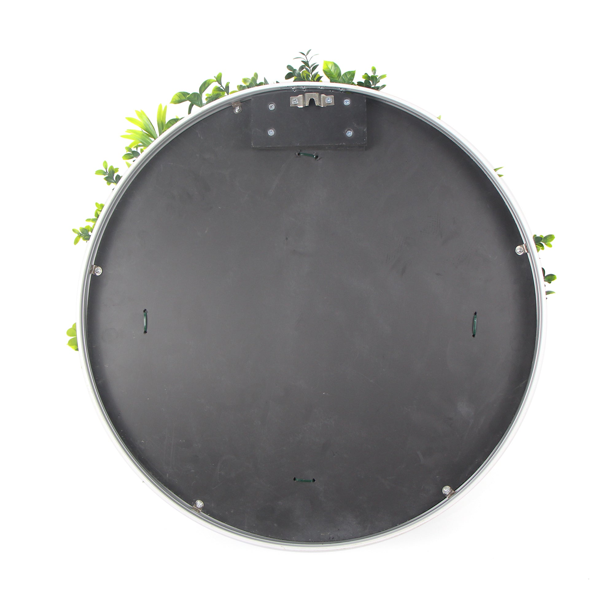 Flowering White Artificial Green Wall Disc, 100cm diameter, featuring UV-resistant foliage and a weatherproof white frame, ideal for indoor and outdoor decor.