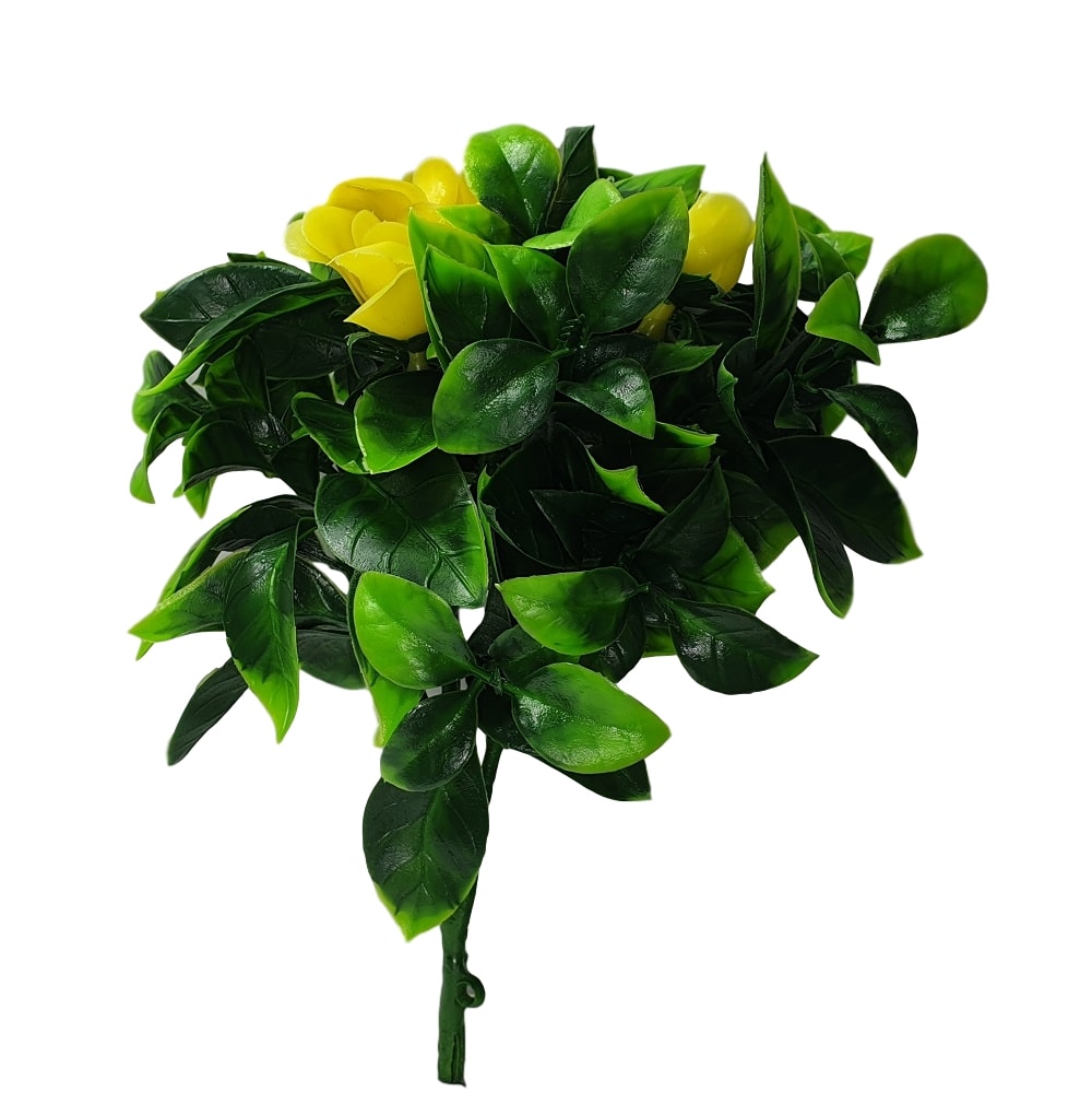 A vibrant Flowering Yellow Rose Stem measuring 30cm, featuring realistic yellow roses and UV resistant materials, perfect for decorative arrangements.