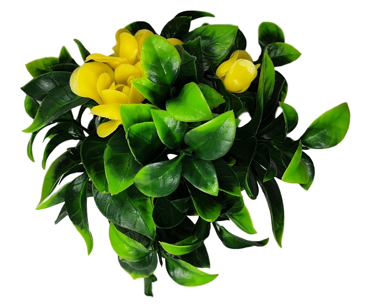 A vibrant Flowering Yellow Rose Stem measuring 30cm, featuring realistic yellow roses and UV resistant materials, perfect for decorative arrangements.