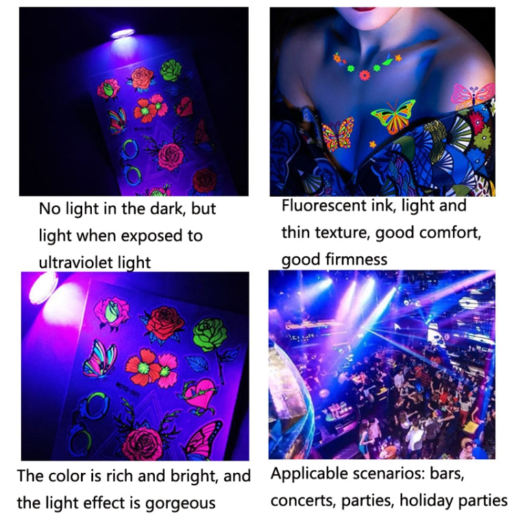 Colorful fluorescent face tattoo stickers on a white background, showcasing various designs and vibrant colors.