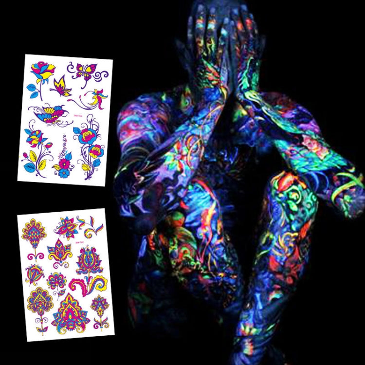 Colorful fluorescent face tattoo stickers on a white background, showcasing various designs and vibrant colors.