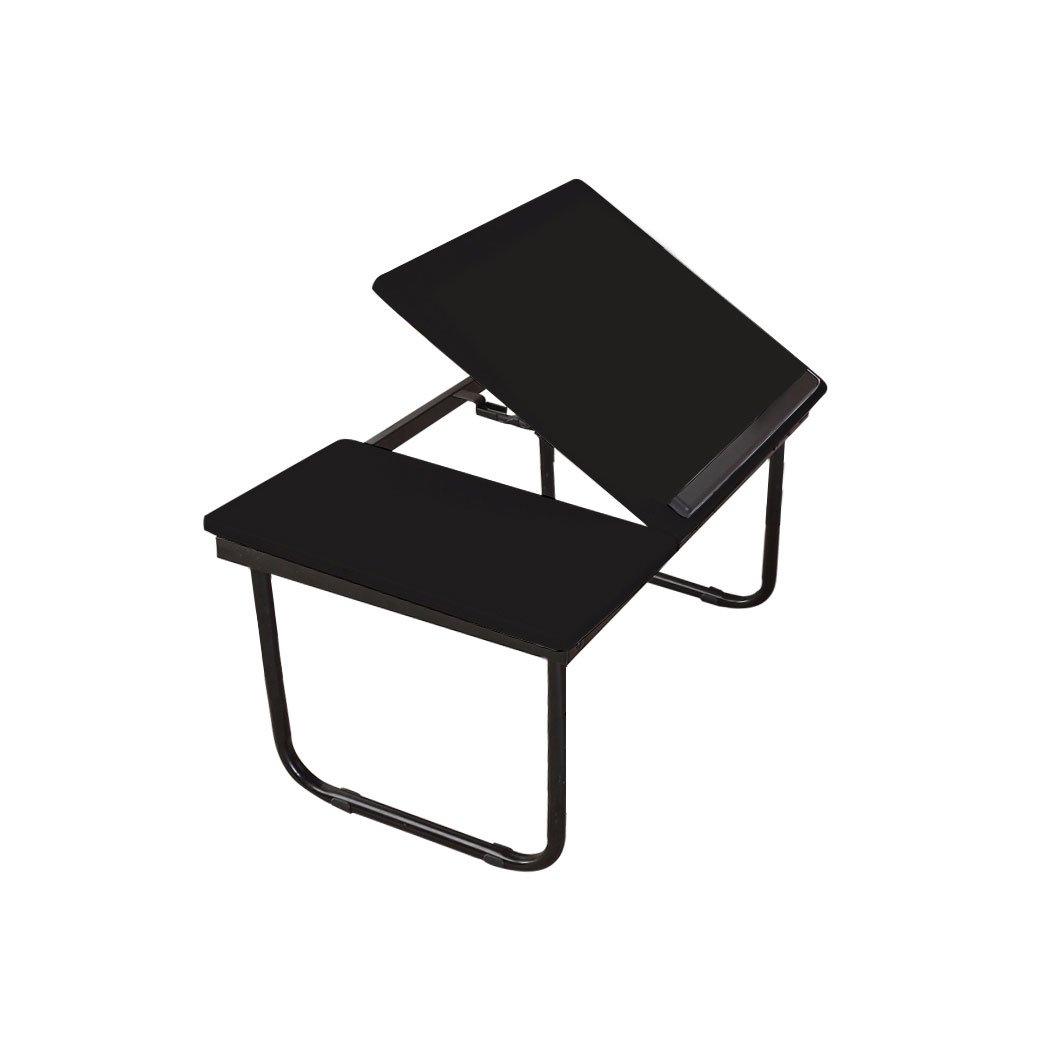 Foldable bed tray laptop table in black, featuring a smooth surface and foldable legs for easy storage and portability.