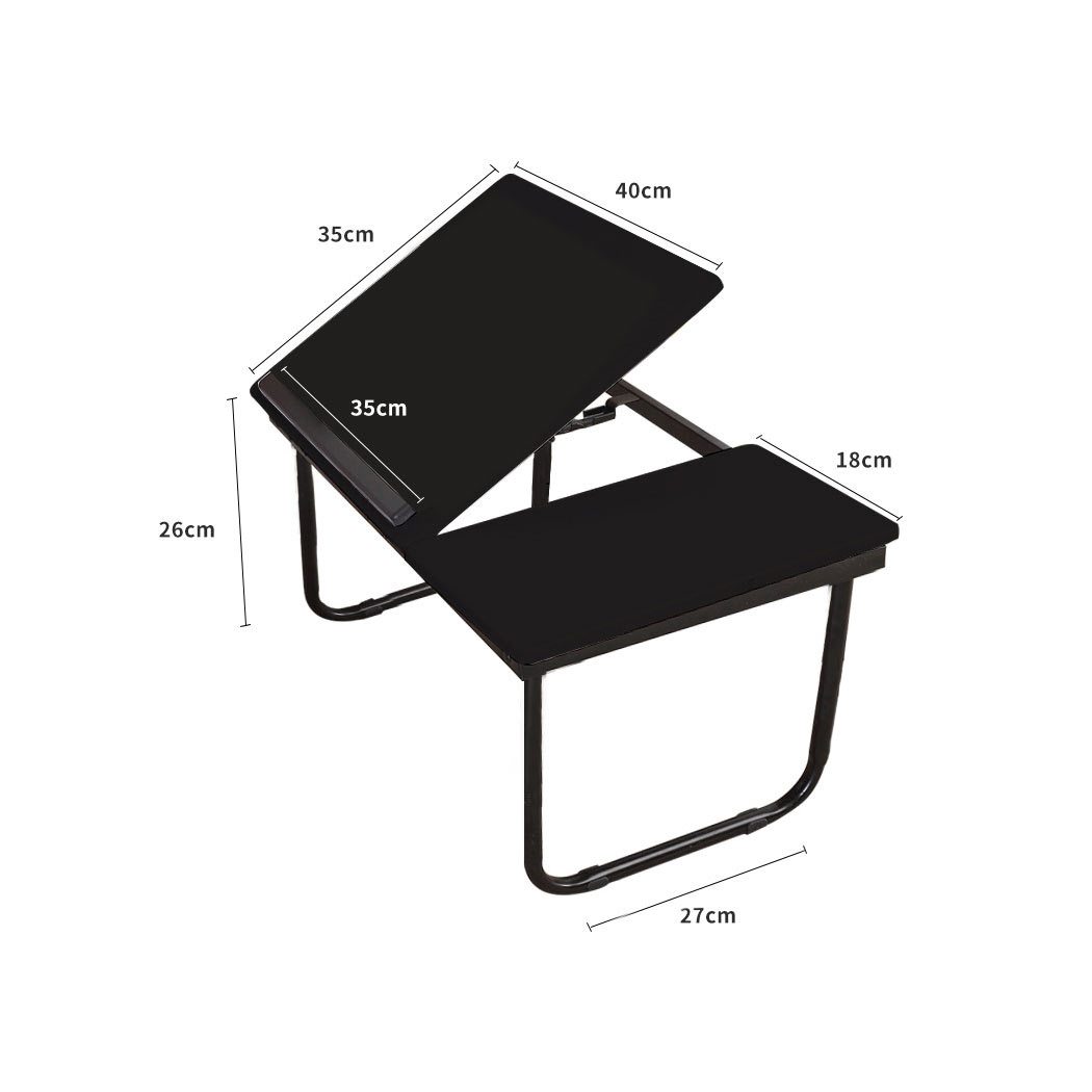 Foldable bed tray laptop table in black, featuring a smooth surface and foldable legs for easy storage and portability.