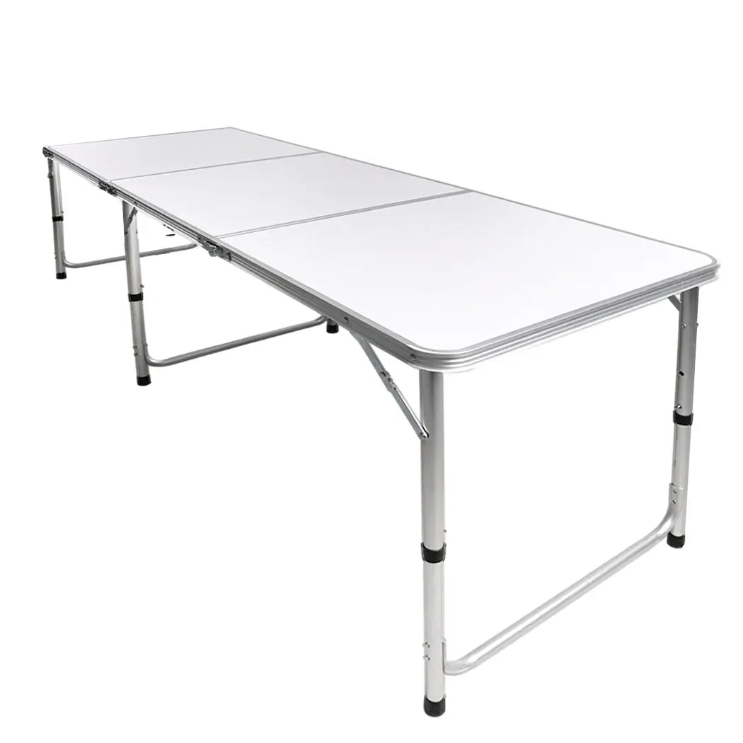 A lightweight and portable folding camping table made of aluminum with a smooth MDF tabletop, ideal for outdoor picnics and camping trips.