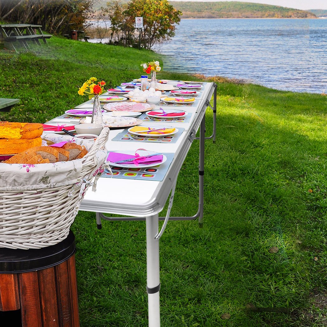 A lightweight and portable folding camping table made of aluminum with a smooth MDF tabletop, ideal for outdoor picnics and camping trips.