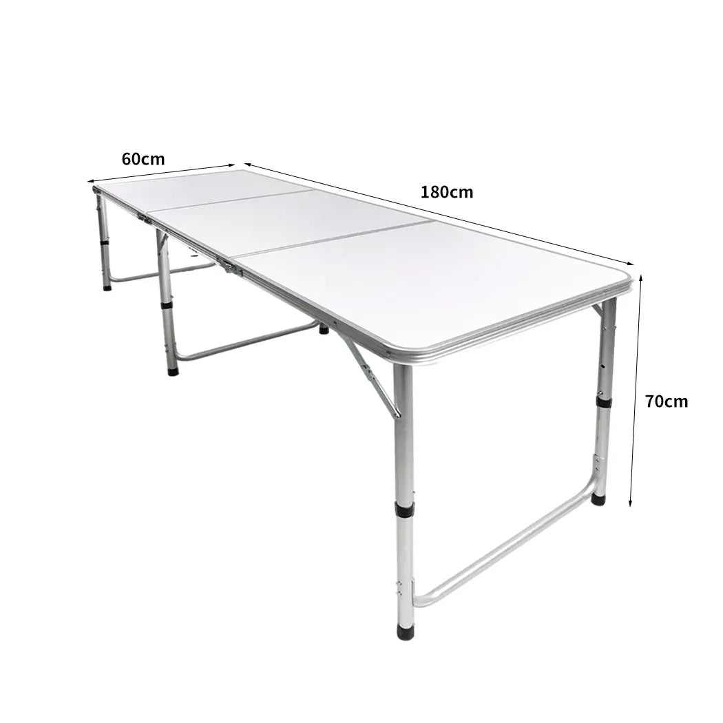 A lightweight and portable folding camping table made of aluminum with a smooth MDF tabletop, ideal for outdoor picnics and camping trips.