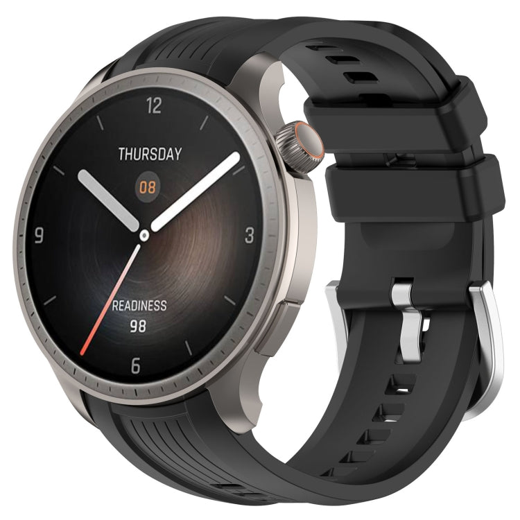 Black silicone watch band for Amazfit Balance A2286 with vertical texture, showcasing its sleek design and comfortable fit.