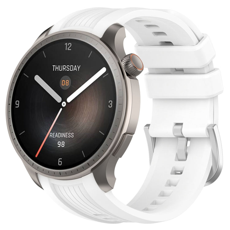 White silicone watch band for Amazfit Balance A2286 with vertical texture, showcasing its soft and durable design.