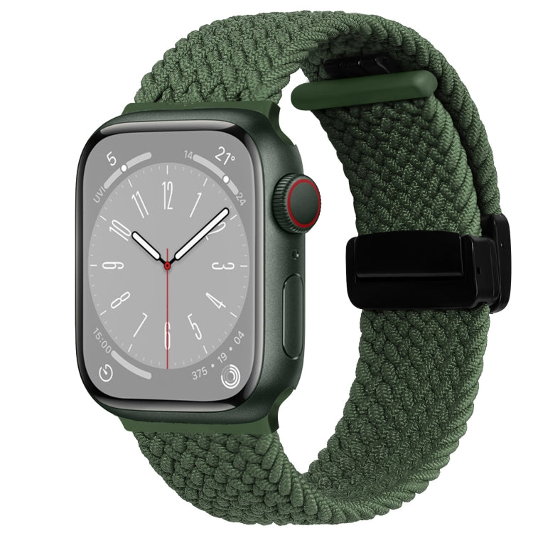 Nylon woven magnetic fold buckle strap for Apple Watch SE 2022, showcasing its soft texture and adjustable metal buckle.