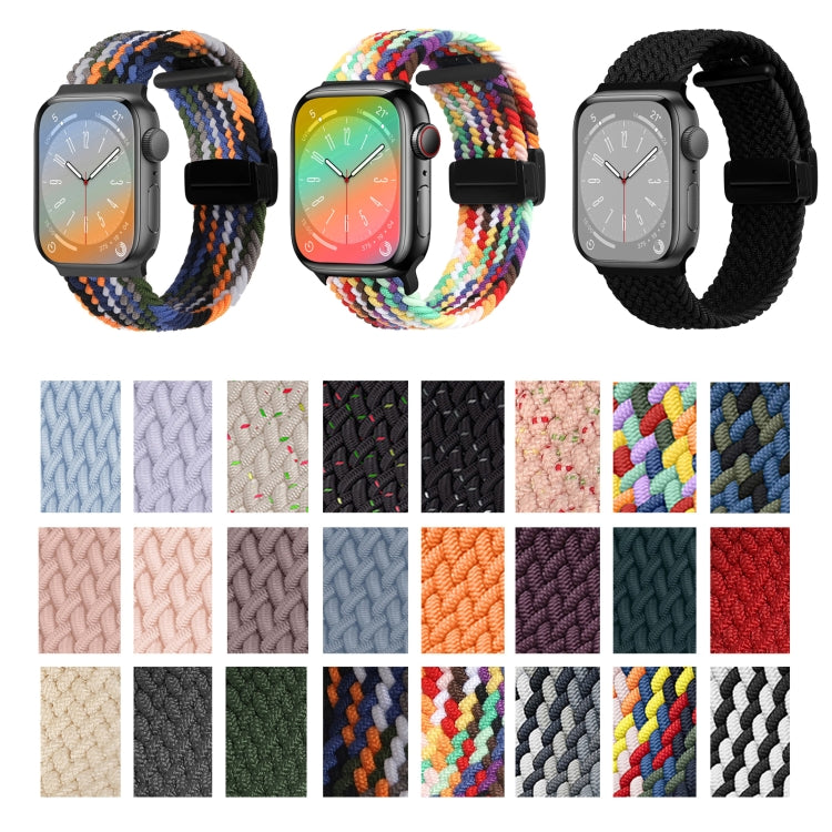 Nylon woven magnetic fold buckle strap for Apple Watch SE 2022, showcasing its soft texture and adjustable metal buckle.