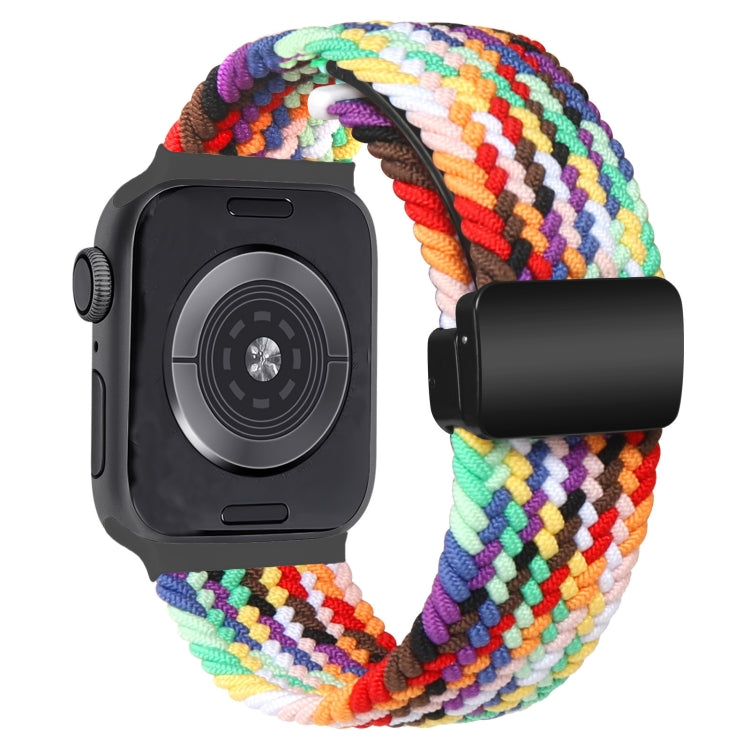 Nylon woven magnetic fold buckle strap for Apple Watch SE 2022, showcasing its soft texture and adjustable metal buckle.