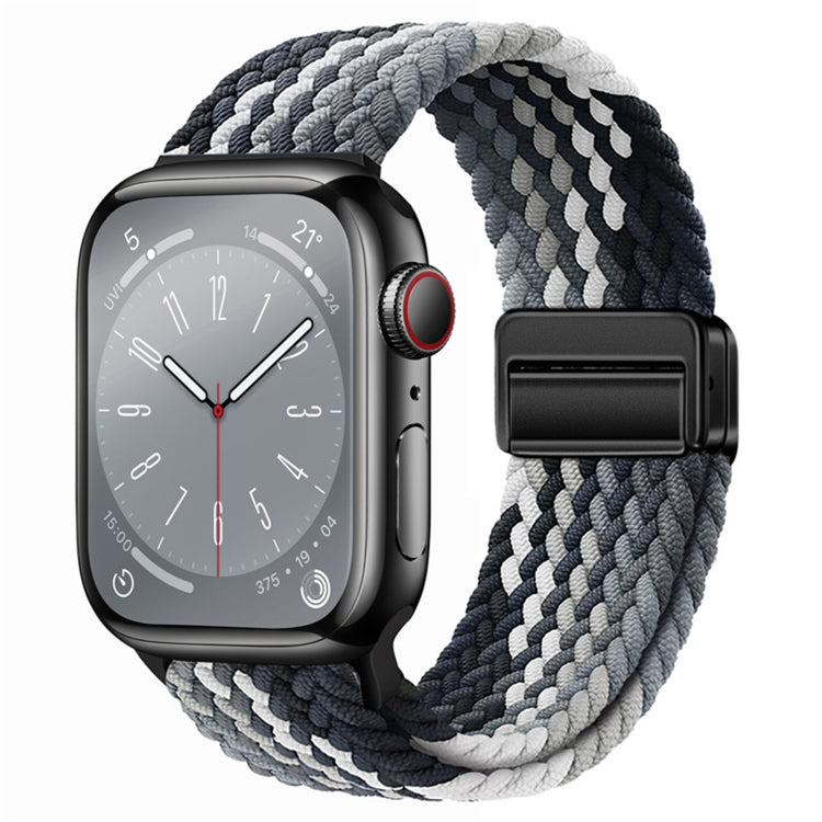 Nylon woven magnetic fold buckle watch strap for Apple Watch SE 2022, showcasing its soft texture and adjustable metal buckle.