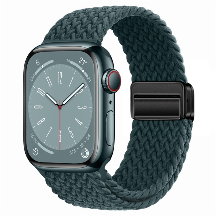 Nylon woven magnetic fold buckle strap for Apple Watch SE 2023, showcasing its soft texture and adjustable metal buckle.