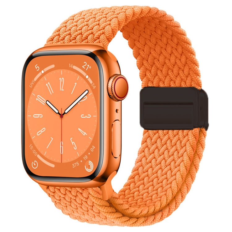 Nylon woven magnetic fold buckle watch strap for Apple Watch SE 2023, showcasing its soft texture and adjustable metal buckle.