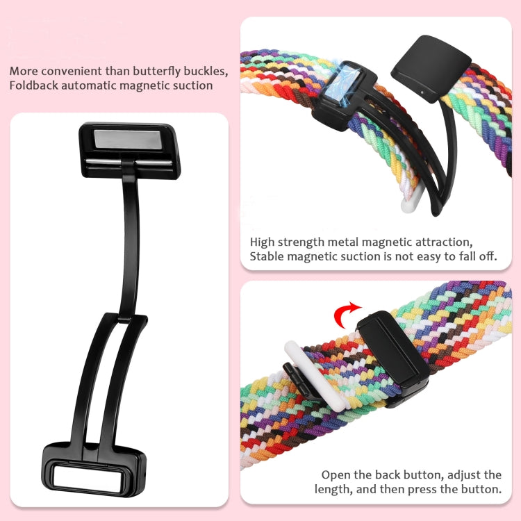 Nylon woven magnetic fold buckle watch strap for Apple Watch SE 2023, showcasing its soft texture and adjustable metal buckle in various colors.