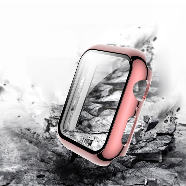 Electroplated PC case with tempered glass for Apple Watch Series 3, 2, and 1, showcasing its sleek design and color options.