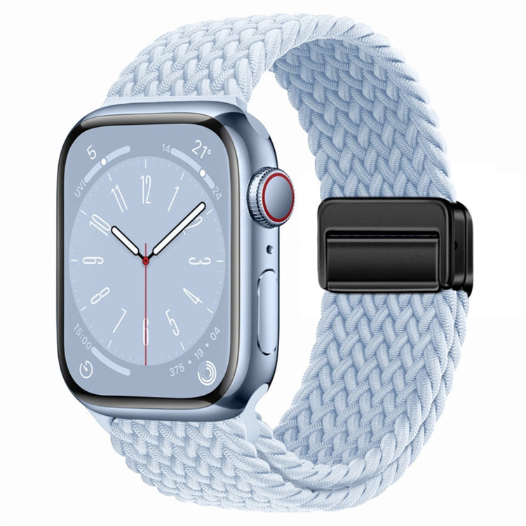 Nylon woven magnetic fold buckle watch strap for Apple Watch Series 5, showcasing its soft texture and adjustable metal buckle.