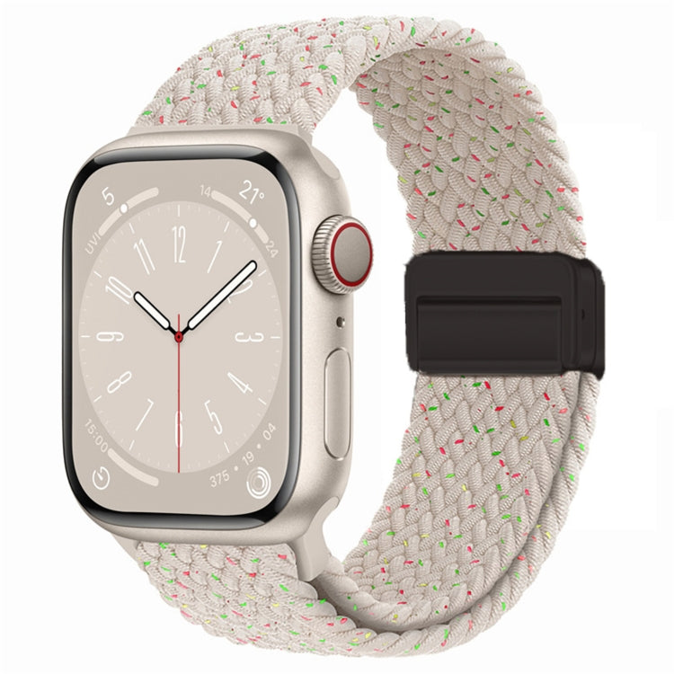 Nylon woven magnetic fold buckle watch strap for Apple Watch Series 5, showcasing its soft texture and adjustable metal buckle.