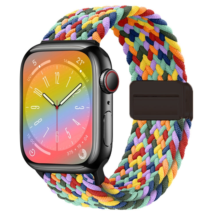 Nylon woven magnetic fold buckle watch strap for Apple Watch Series 6 44mm in various colors, showcasing its soft texture and adjustable metal buckle.