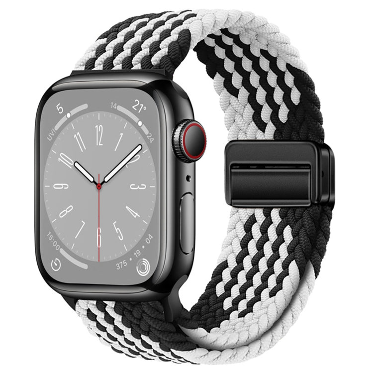 Nylon woven magnetic fold buckle watch strap for Apple Watch Series 8, showcasing its soft texture and adjustable metal buckle.