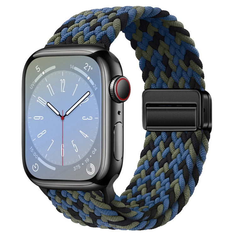 Nylon woven magnetic fold buckle watch strap for Apple Watch Series 9, showcasing its soft texture and adjustable metal buckle.