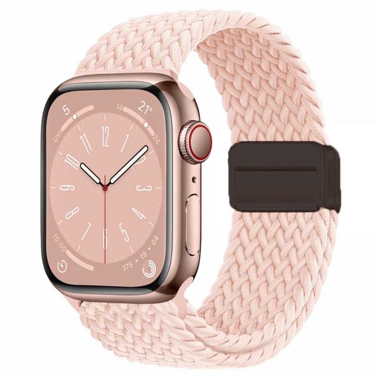 Nylon woven magnetic fold buckle watch strap for Apple Watch Series 9, showcasing its soft texture and adjustable metal buckle.