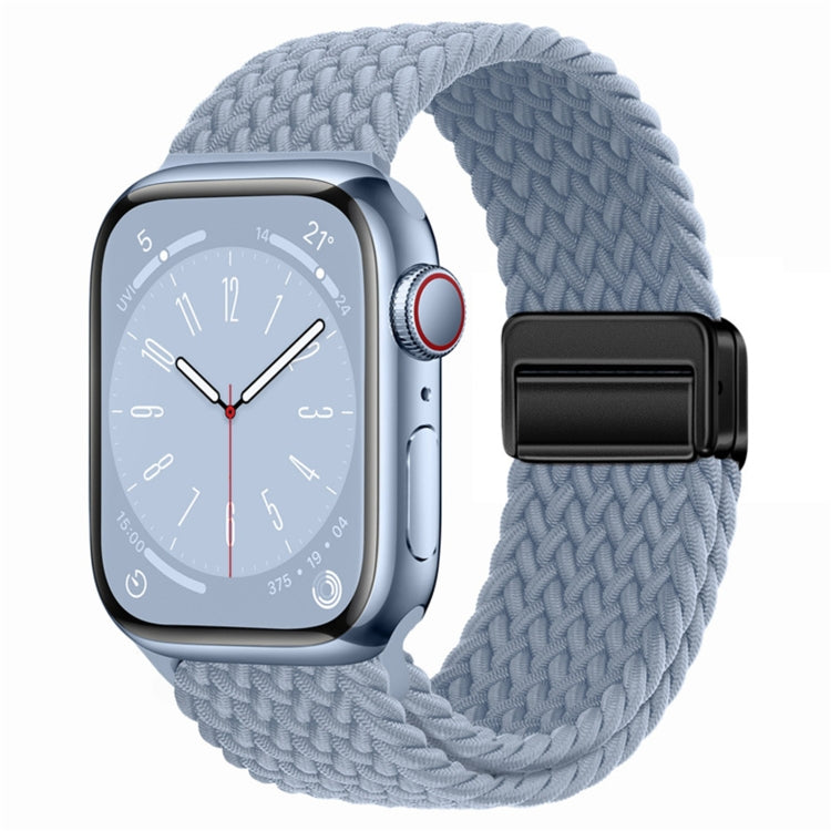 Nylon woven magnetic fold buckle watch strap for Apple Watch Ultra 49mm in various colors, showcasing its soft texture and adjustable metal buckle.