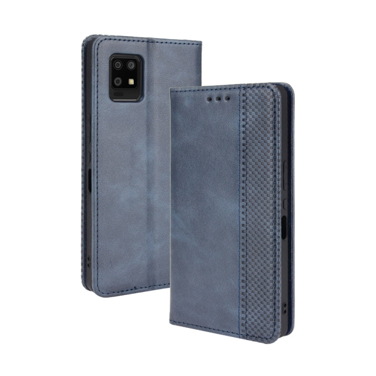 For Aquos Zero6 Magnetic Buckle case with retro crazy horse texture, showcasing card slots and horizontal viewing design.